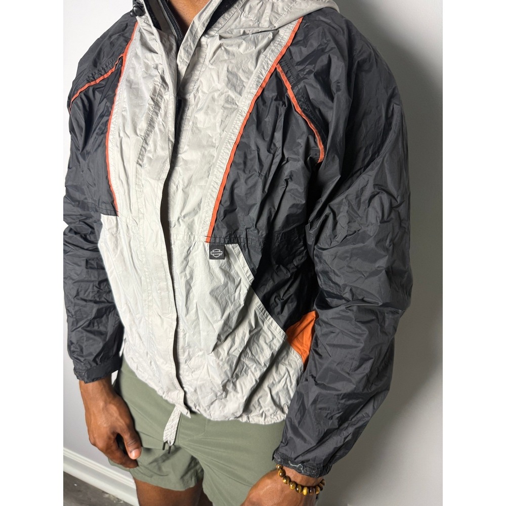 Harley-Davidson Mens Windbreaker Jacket Black Orange Grey Hooded SM- - Picture 2 of 3